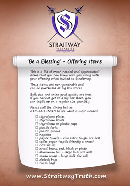 Straitway "Be a Blessing" Offering Items List